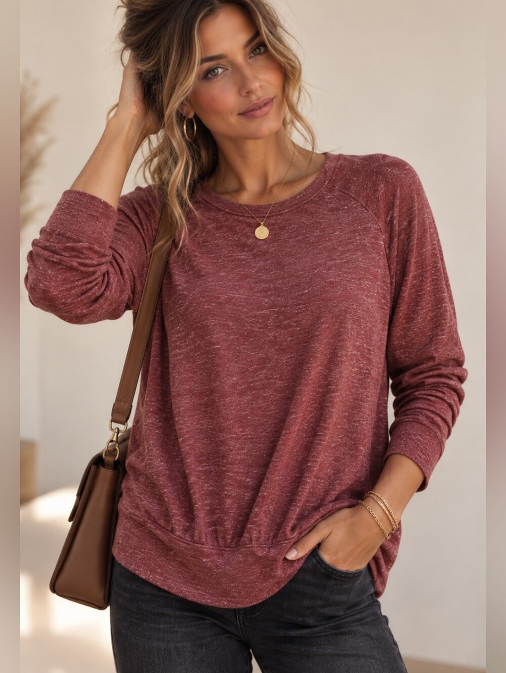 Buffalo David Bitton Marled Heathered Brick Red Soft Relaxed Pullover L